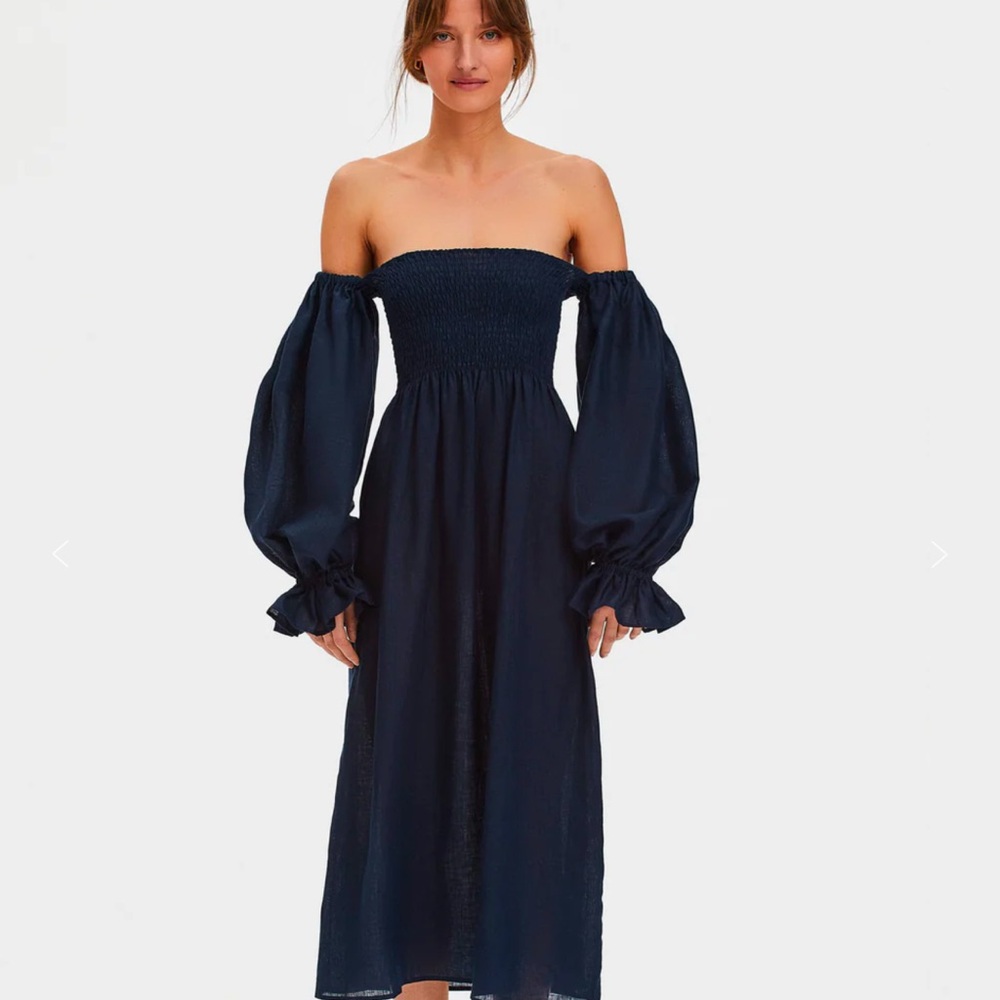 Sleeper midi navy linen Off-Shoulder Dress